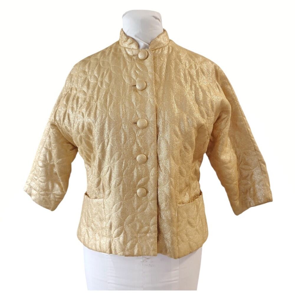 Vintage Gold Quilted Bed Jacket Size 8 Costume 60's Retro Cropped Evening Coat
